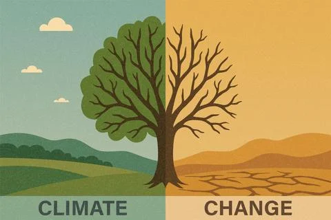 Climate Change Vector Illustration with a Tree Divided into Green and Dry Stock Illustration