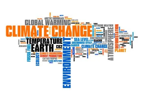 Climate change word cloud. Environment and global warming issues. Ilustración de archivo