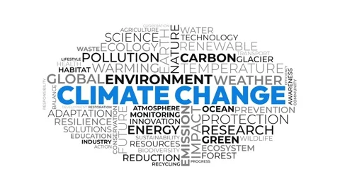 Climate change word cloud with environmental and ecological terms 库存影片 343780114