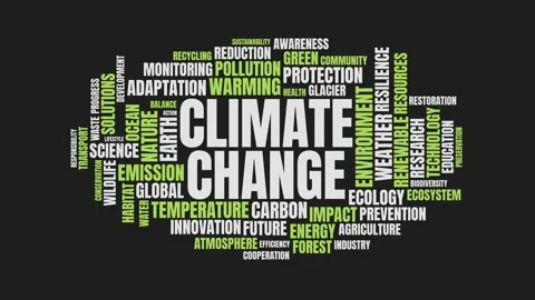 Climate change word cloud text animation on dark background representing en.. 库存影片 343780126