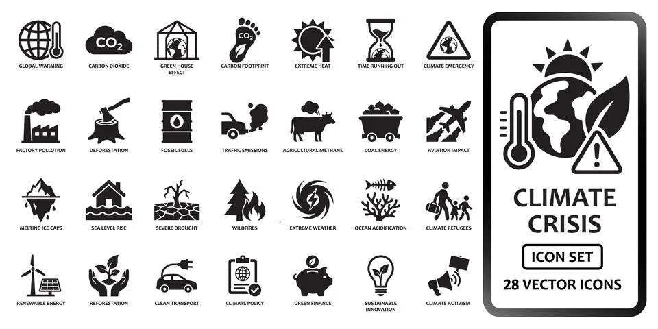 Climate crisis and environmental issues solid icon set containing icons for.. Illustration