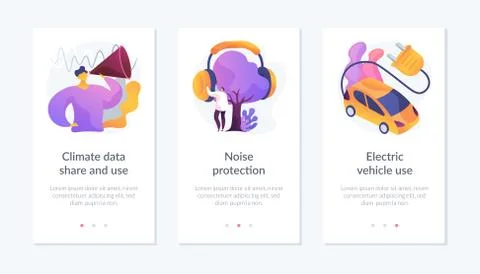 Climate data share and use, noise protection, electric vehicle use app interface Stock Illustration