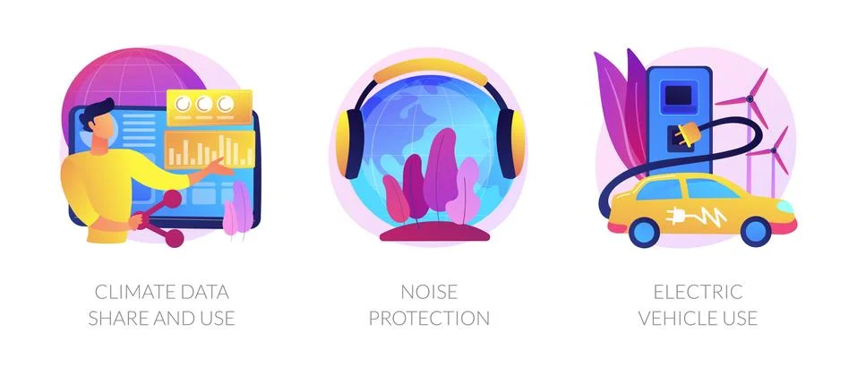 Climate data share and use, noise protection, electric vehicle use vector Stock Illustration