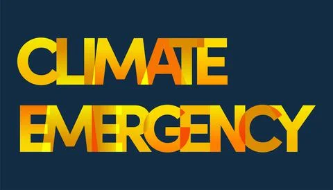 CLIMATE EMERGENCY vector typography banner with blue background and orange Stock Illustration