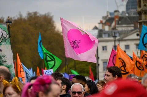 Climate Flags Over XR Protesters Stock Photos