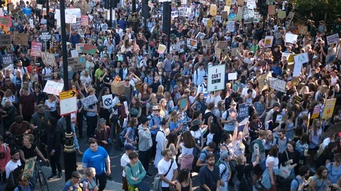 Climate Marching Group Protesters Large crowd with Banners. Camera top view 库存影片 116403730