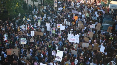 Climate Marching Group Protesters Large crowd with Banners. Top view from above Stock Footage 116432348
