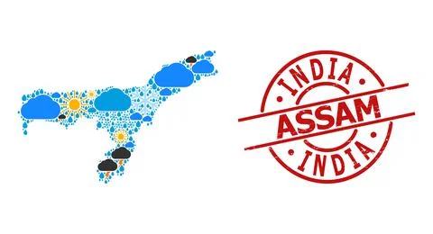 Climate Pattern Map of Assam State and Textured Stamp Illustrazione stock