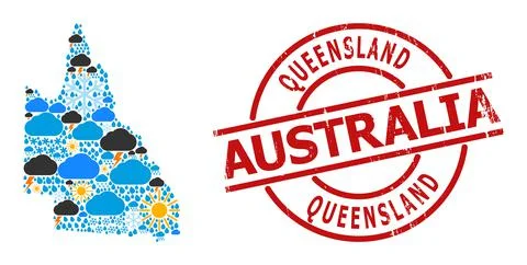 Climate Pattern Map of Australian Queensland and Scratched Badge Stock Illustration
