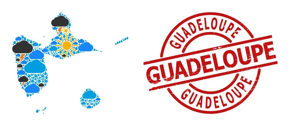 Climate Pattern Map of Guadeloupe and Textured Seal Illustrazione stock