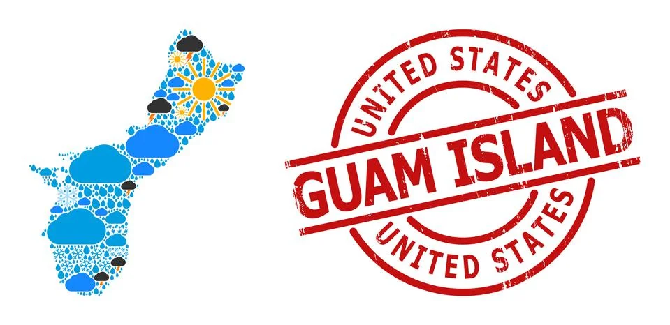 Climate Pattern Map of Guam Island and Distress Stamp Illustrazione stock