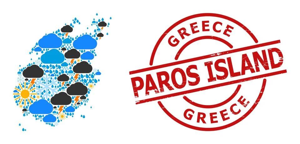 Climate Pattern Map of Paros Island and Rubber Badge 스톡 일러스트
