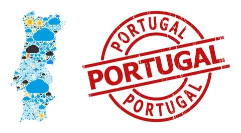 Climate Pattern Map of Portugal and Rubber Badge 스톡 일러스트