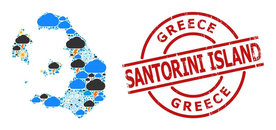 Climate Pattern Map of Santorini Island and Grunge Seal 스톡 일러스트