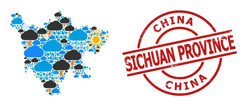 Climate Pattern Map of Sichuan Province and Scratched Stamp Seal Stock Illustration