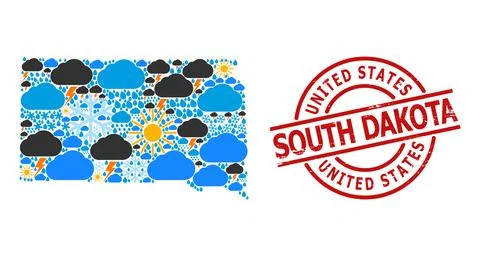 Climate Pattern Map of South Dakota State and Textured Badge Illustrazione stock