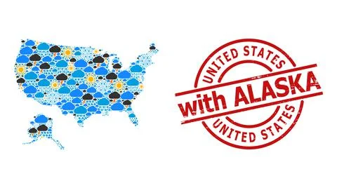 Climate Pattern Map of USA and Alaska and Scratched Stamp Stock Illustration