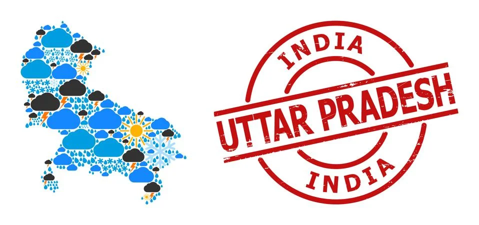 Climate Pattern Map of Uttar Pradesh State and Scratched Stamp Illustrazione stock