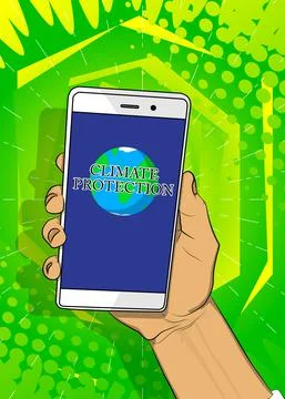 Climate protection text on Smartphone screen. Cartoon vector illustrated mobi Stock Illustration