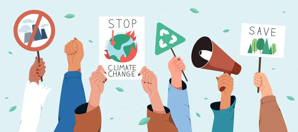 Climate protest with flat human hands with banners about save planet Stock Illustration