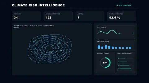 Climate Risk Intelligence Map Futuristic Data Dashboard 4K Animation Stock Footage 342567594