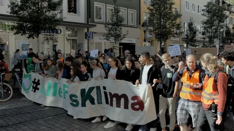 Climate strike Fridays for future, fff, protest action in Freiburg, Germany. Stock Footage