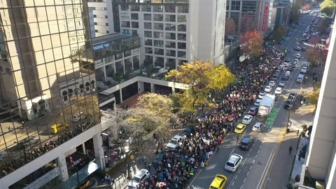 Climate Strike Protest Parade and March Streets of Vancouver Aerial Video Stock Footage