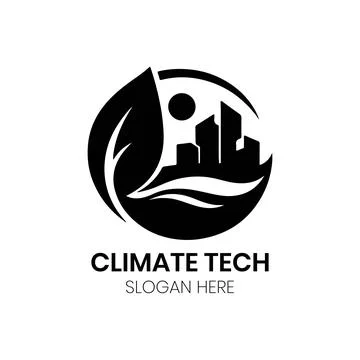 Climate Tech Logo Design with Natural Landscape and Green Leaf Stock Illustration