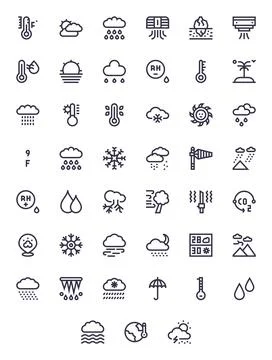 Climate Visual Pack containing 45 Bold Line Grid Fitted Vector Icons Stock Illustration