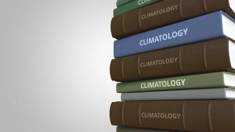 CLIMATOLOGY title on the stack of books, conceptual 3D rendering Illustrazione stock