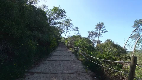 Climb Up via Mountain Stairs with Railing Stock Footage 90625288
