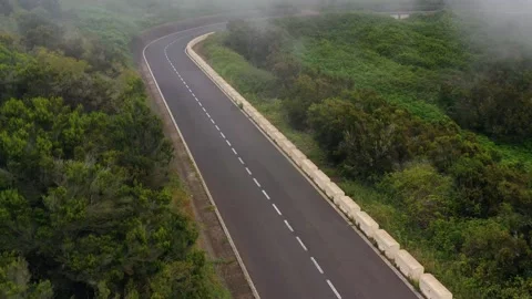 Climb over a mountain road surrounded by green vegetation and fog. Red car Stock Footage 158045629
