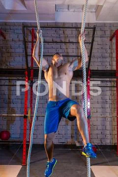 Climb with two 2 ropes exercise man at gym Stock Photos