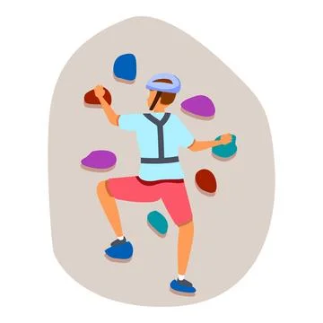 Climber ascending artificial climbing wall wearing safety gear Illustrazione stock