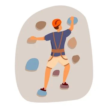 Climber ascending artificial climbing wall wearing safety helmet and harness Illustrazione stock