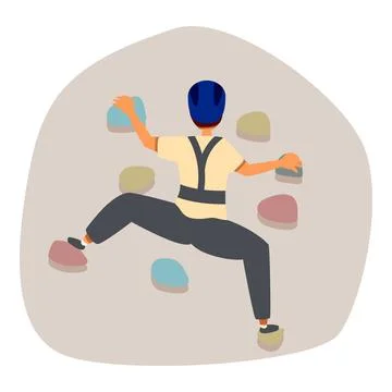 Climber ascending climbing wall using colorful holds and wearing safety harne Stock Illustration