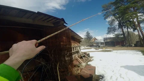 Climber checks the reliability of the system for felling of wood POV Stock Footage 97408353