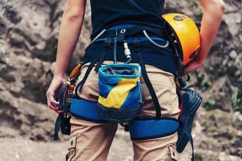Climber in front of stone rock Stock Photos