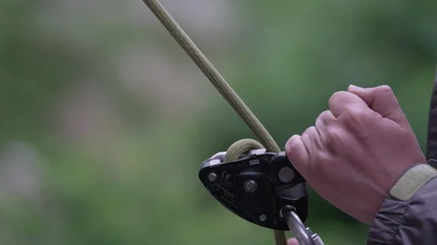 A climber hands gripping a belay device while preparing for an ascent in a lush Stock Footage 289543529
