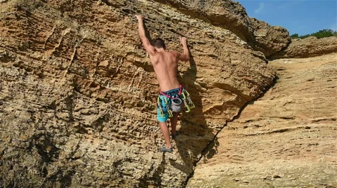 Climber Man On Yellow Rock Stock Footage 66394248