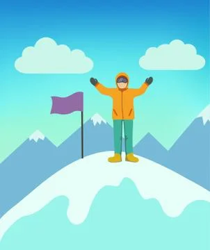Climber on a mountain peak with flag. Stock Illustration