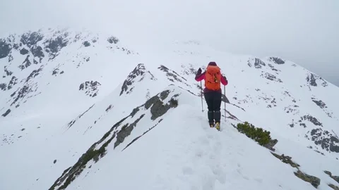 Climber with orange backpack walks with poles on snow covered mountain Stock Footage 247495561