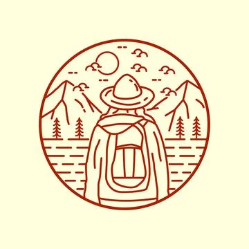 A climber preparing to camp by the lake on bright day in mono line art, patch Stock Illustration