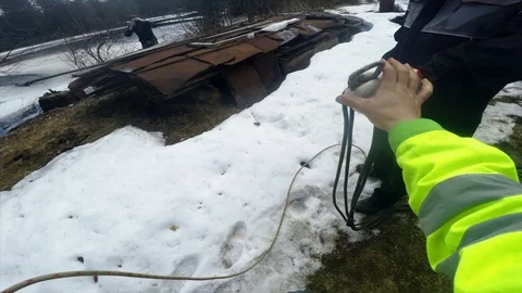 A climber put together a safety system to remove the tree into one POV Stock Footage 97408337