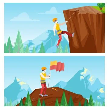 Climber vector illustration. Man climbing to rock. Mountaineer with flag on t Stock Illustration