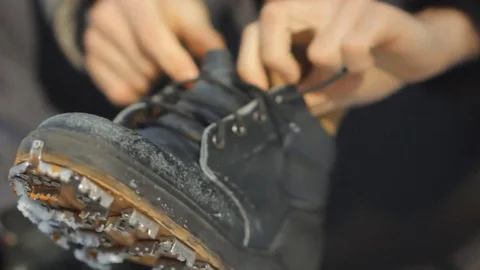 The climber wears shoes 스톡 동영상 83674210