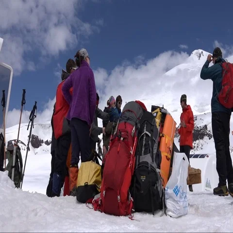 Climbers are preparing for the final ascent of the mountain. Motivation. Success Stock Footage 69340363