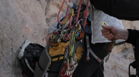 Climbers equipment placed in a backpack Video stock 61752793