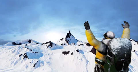A Climber's Ultimate Triumph on the Mountain Stock Footage 243612809