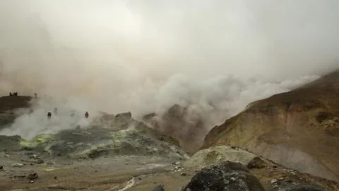 Climbing to active volcano Mutnovsky on Kamchatka 스톡 사진